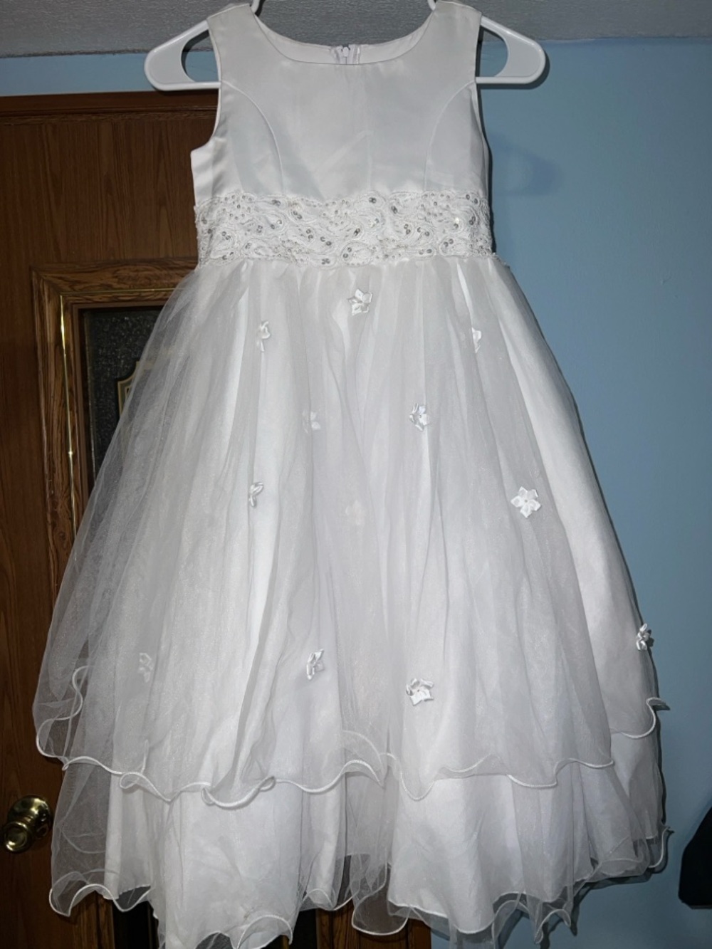 Girls' White Floral Waistband Tulle Party Dress